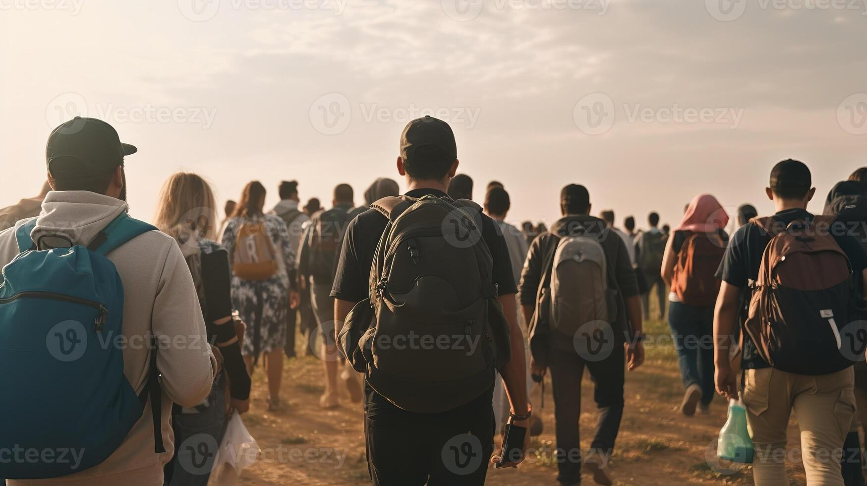 Displaced and Determined Refugees on a Long and Uncertain Journey. photo