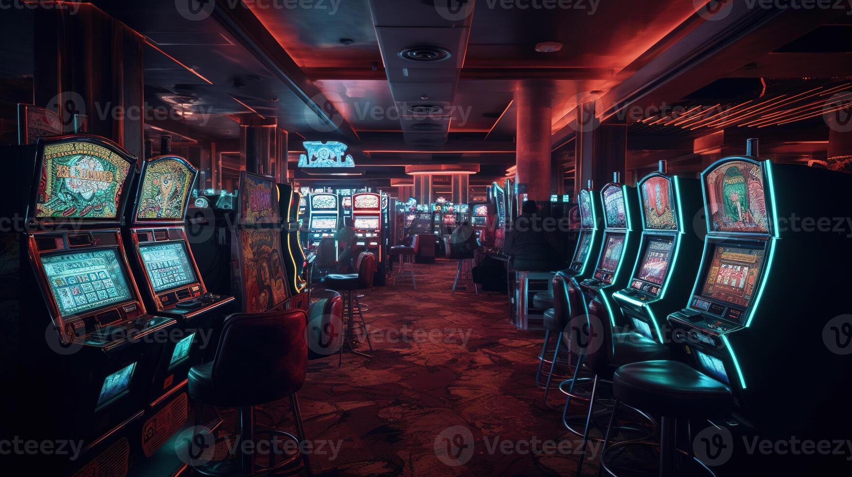 un prodigar casino interior con abundante espacio máquinas. generativo ai foto