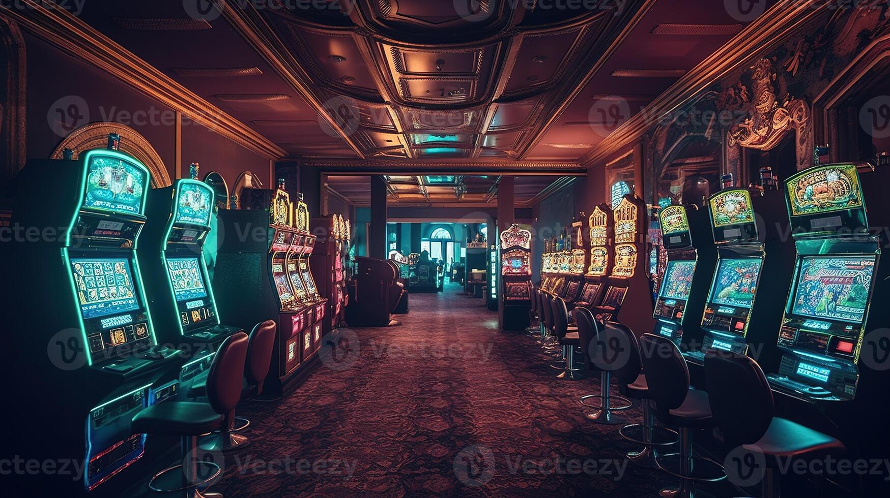 A Lavish Casino Interior with Abundant Slot Machines. photo