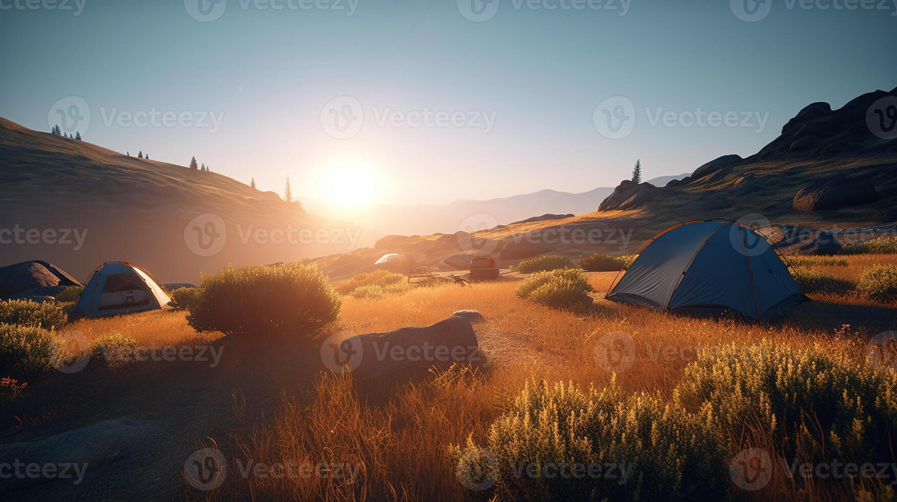 Dawn in the Wild Camping at Sunrise. photo