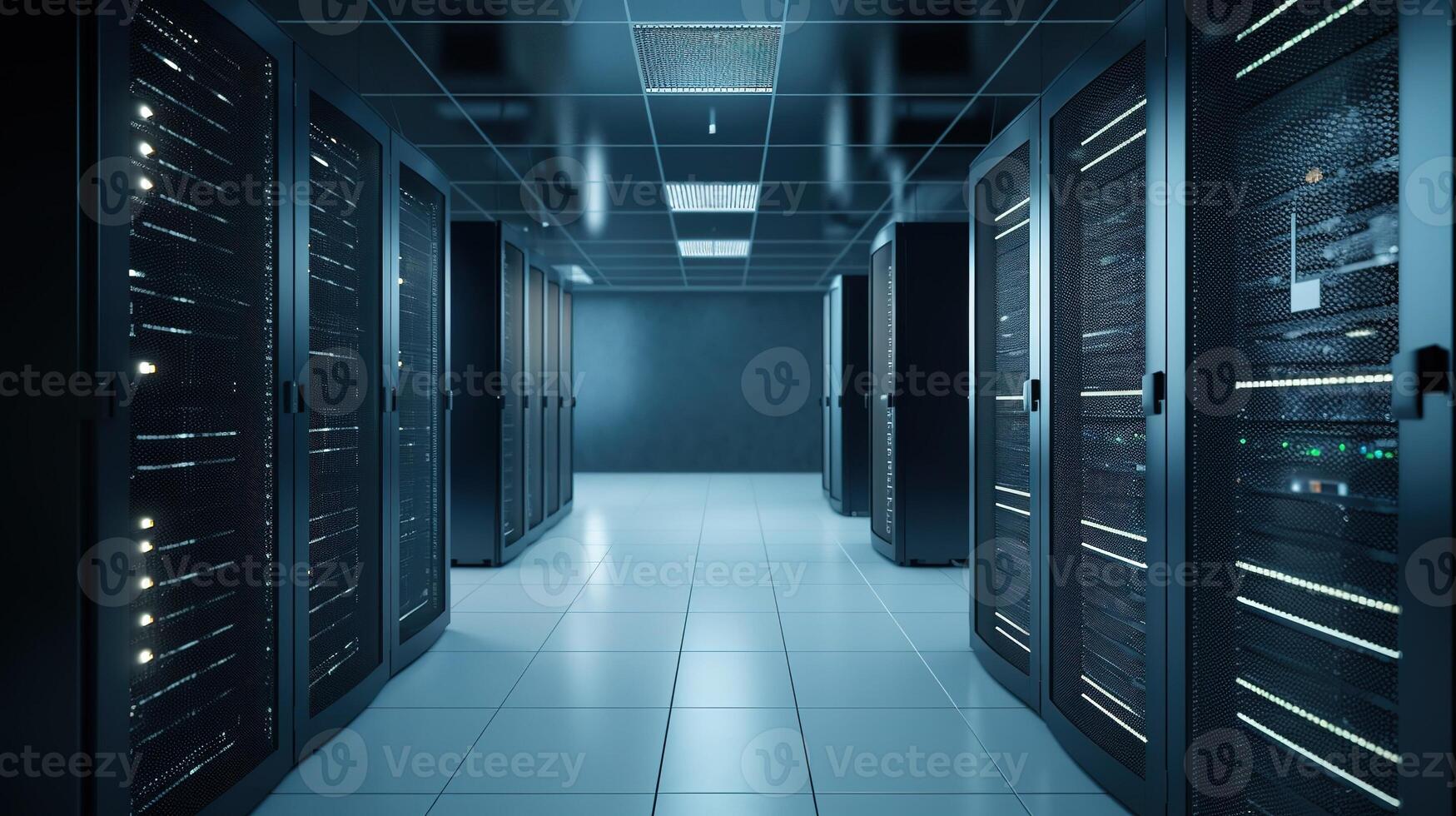 A Network Security Server Room Filled with Computer Racks. photo