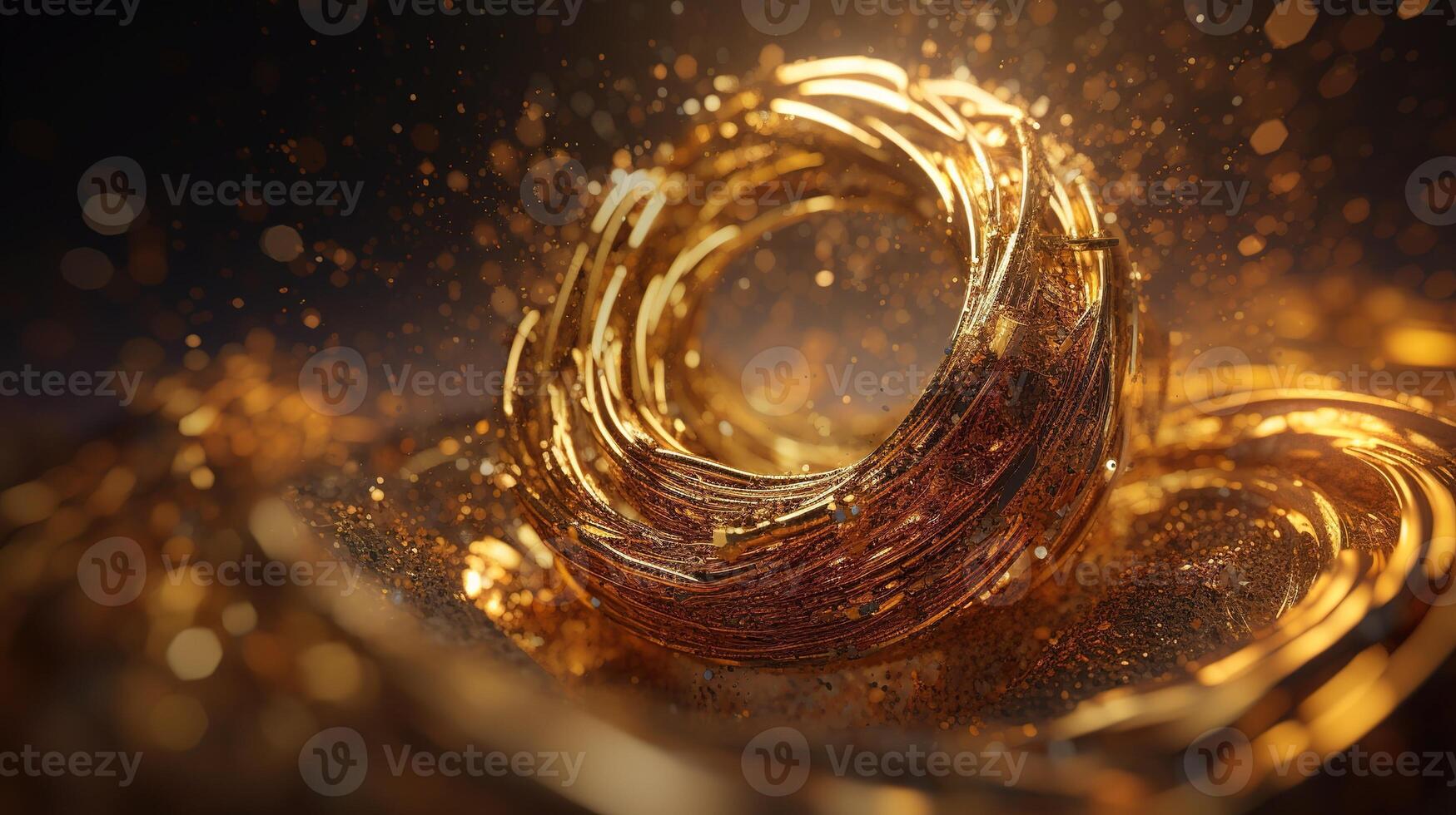 Explosion and swirl of gold sparkles background. photo