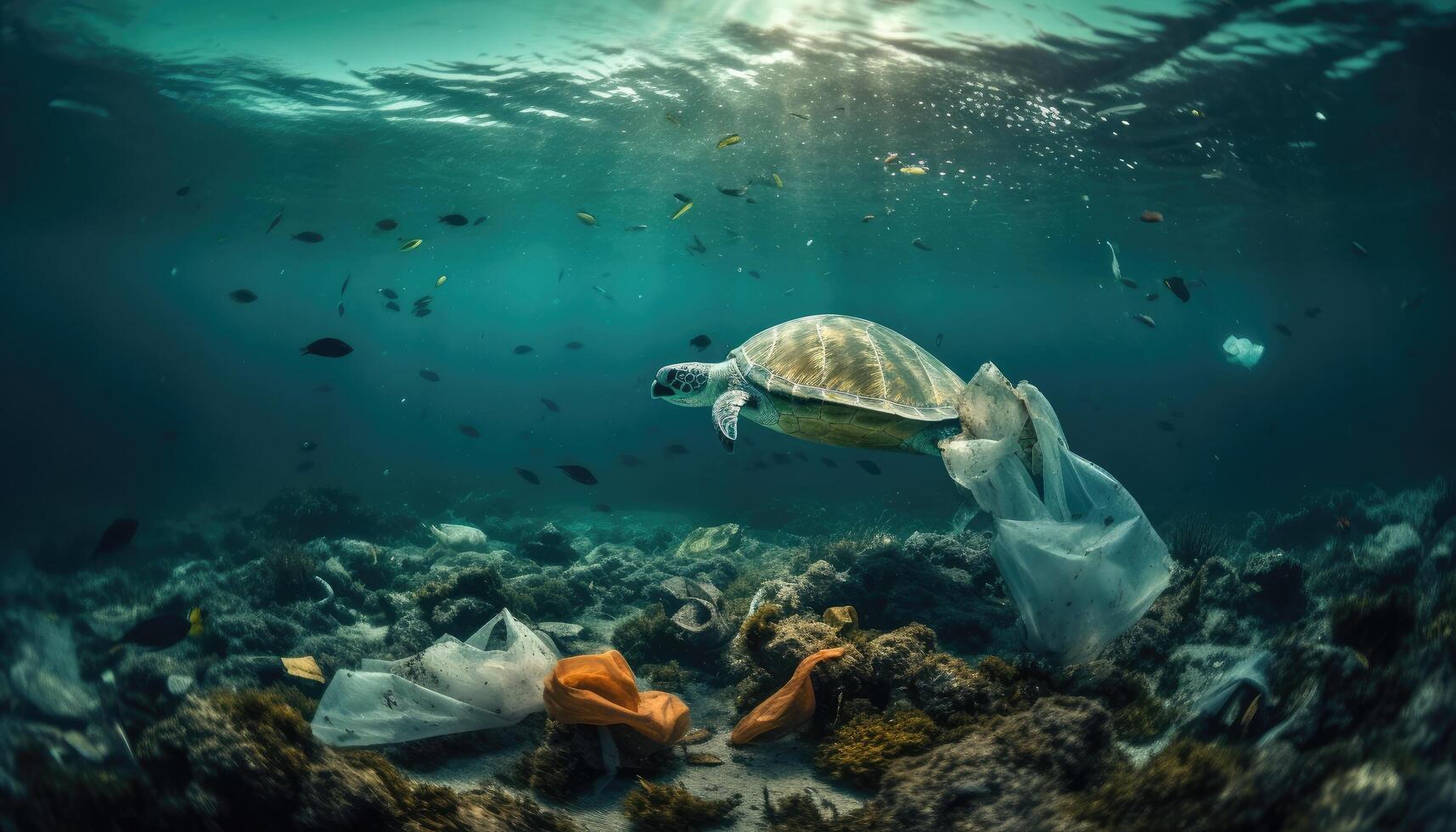 Under the ocean, a photo with garbage, caretta caretta and fish. Environmental pollution concept.