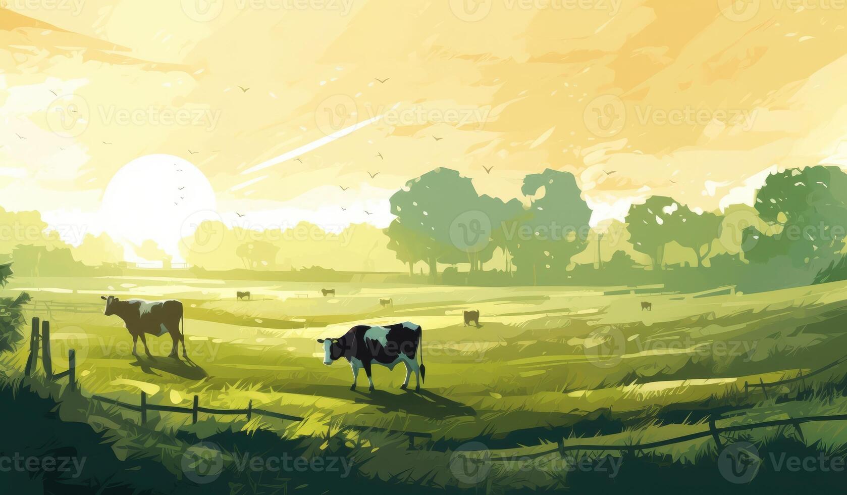 Cows grazing on a farm with sunlight, farm landscape illustration with photo