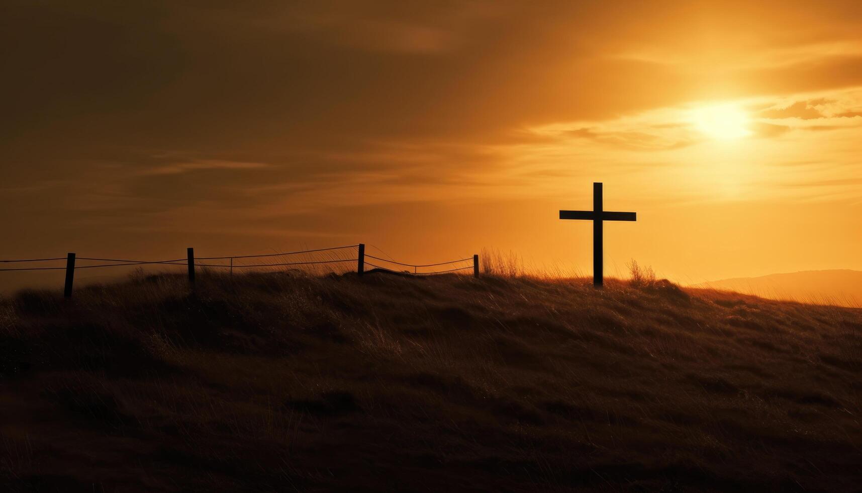 Good friday theme with cross silhouette on golden sunset sky. photo