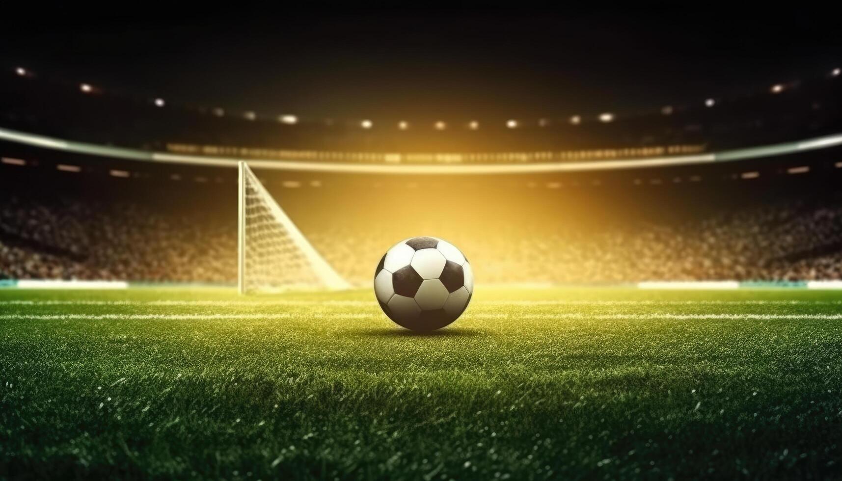 Soccer ball standing in the middle of the soccer field under the evening spotlights. photo