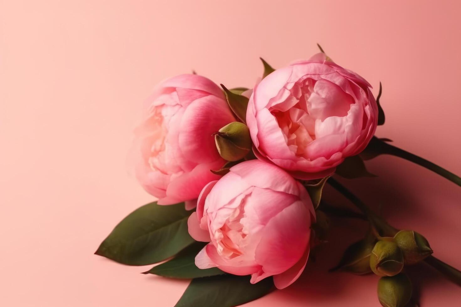 Top view photo of pink peony roses on isolated pastel pink background with copy space. Mother's Day celebration concept with