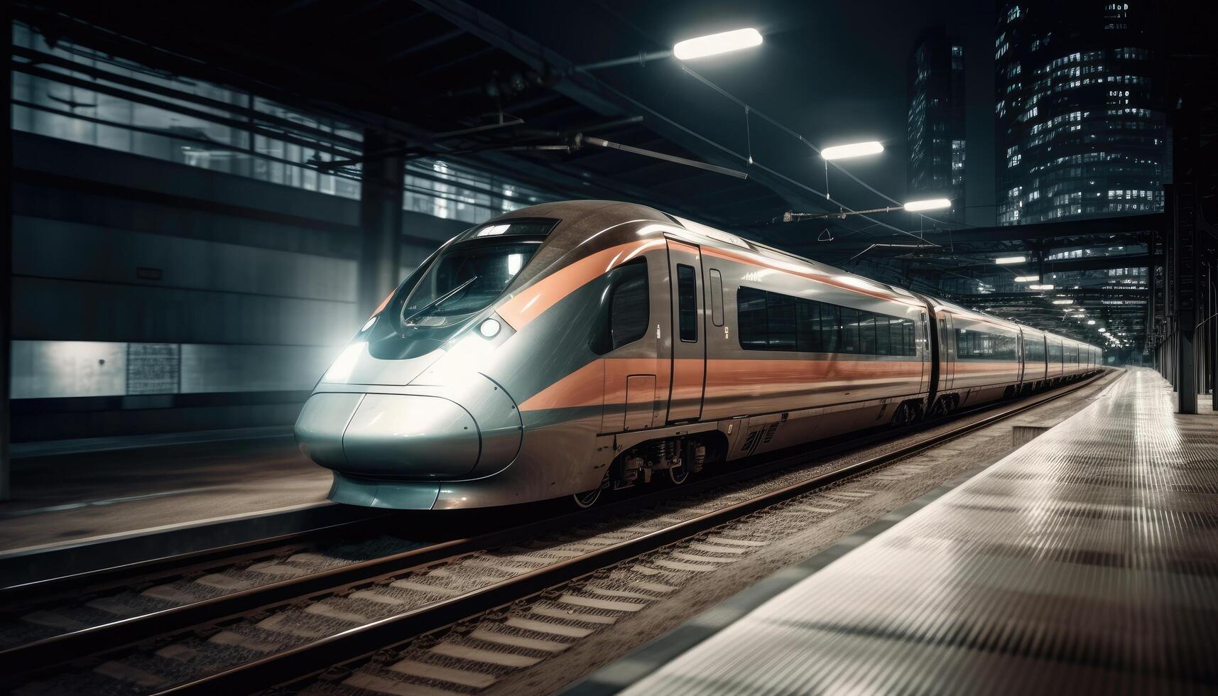 Photo of modern high speed train passing through the city at night.