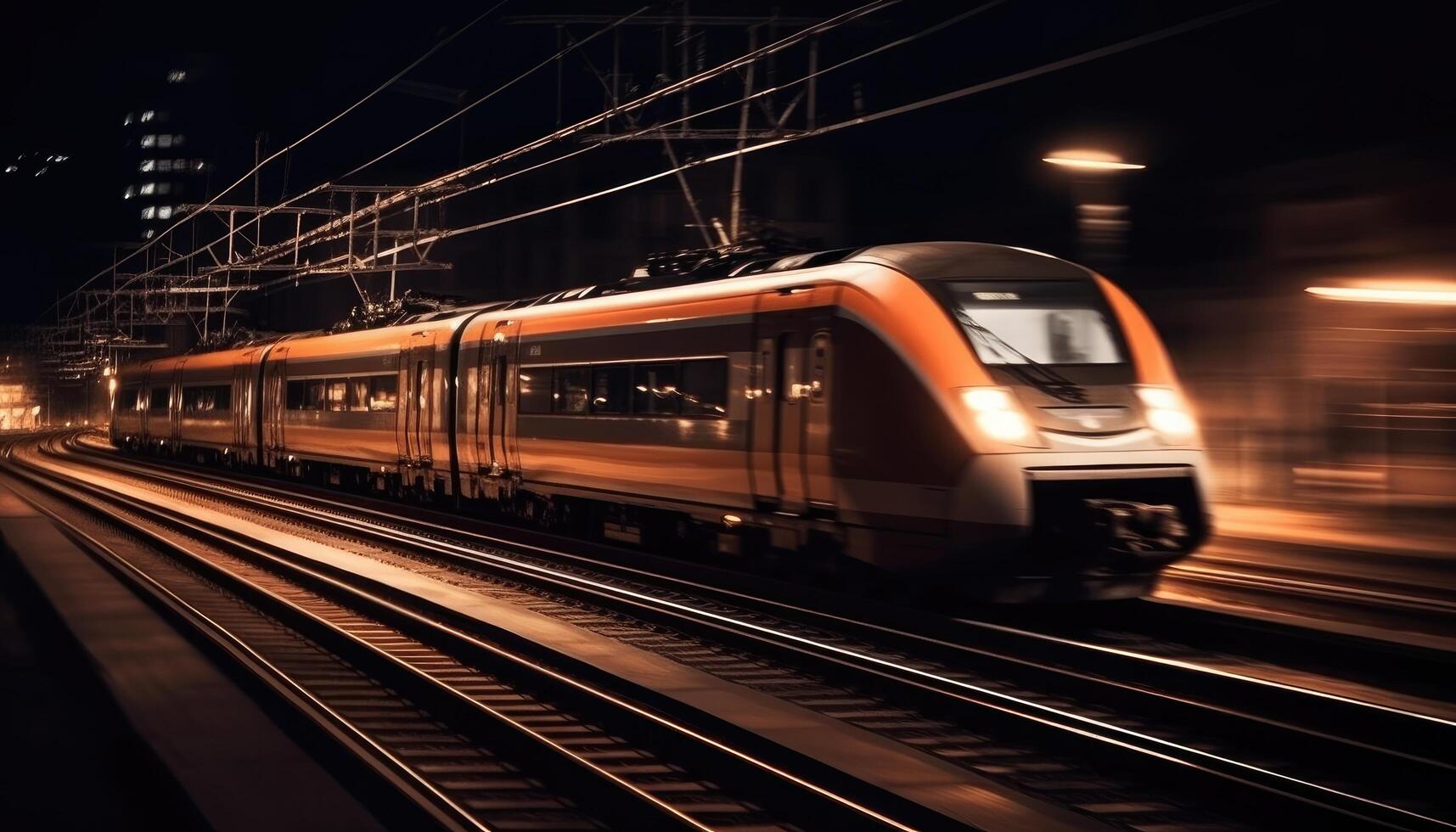 foto de moderno alto velocidad tren paso mediante el ciudad a noche. generativo ai