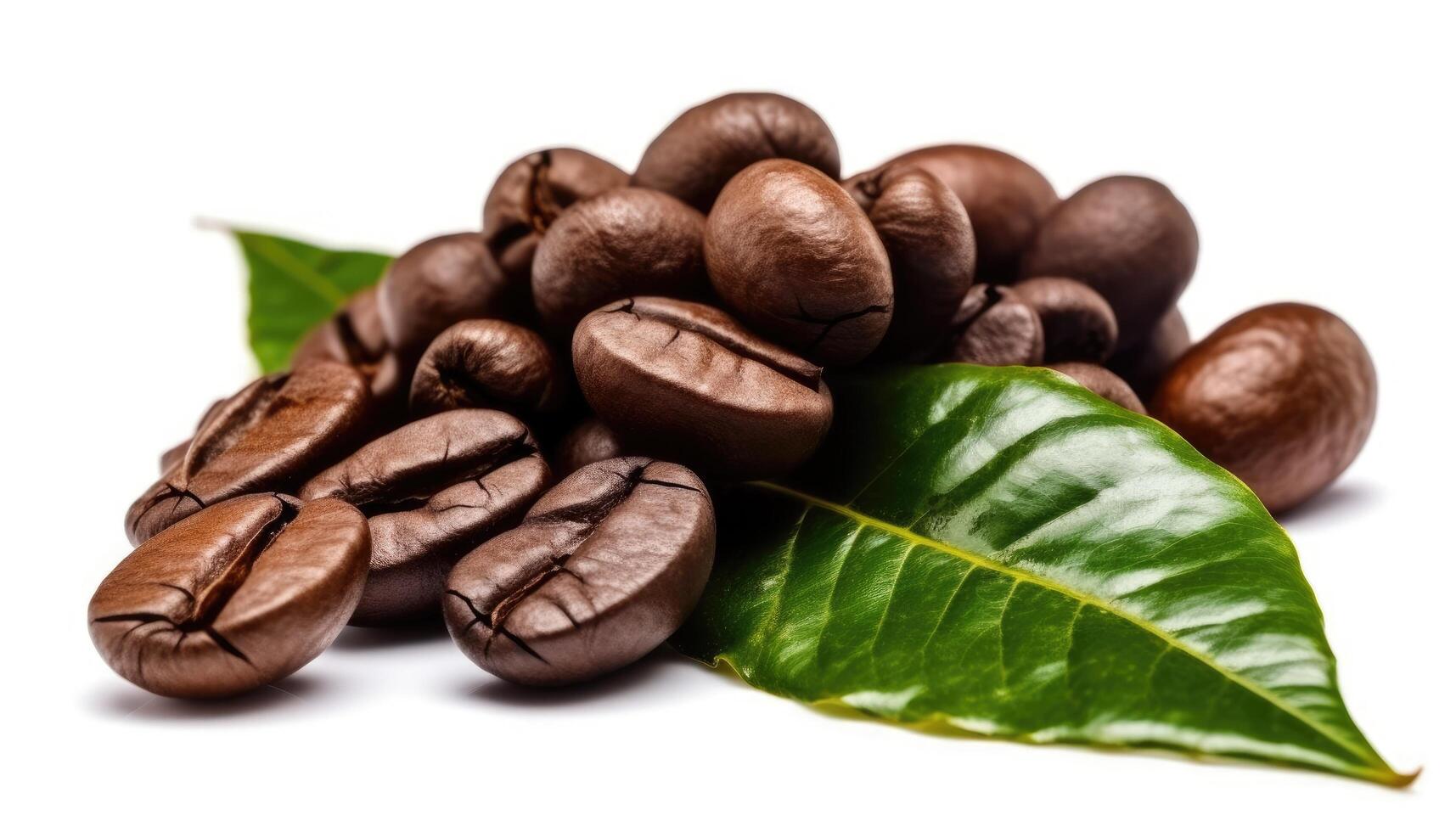 Photo close-up roasted coffee beans with fresh leaves isolated on white background.