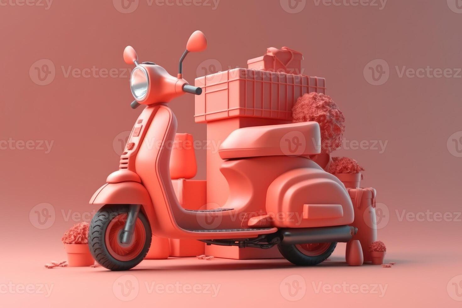 E-commerce concept, Delivery service in mobile app, Transportation or delivery by scooter, 3d render. photo