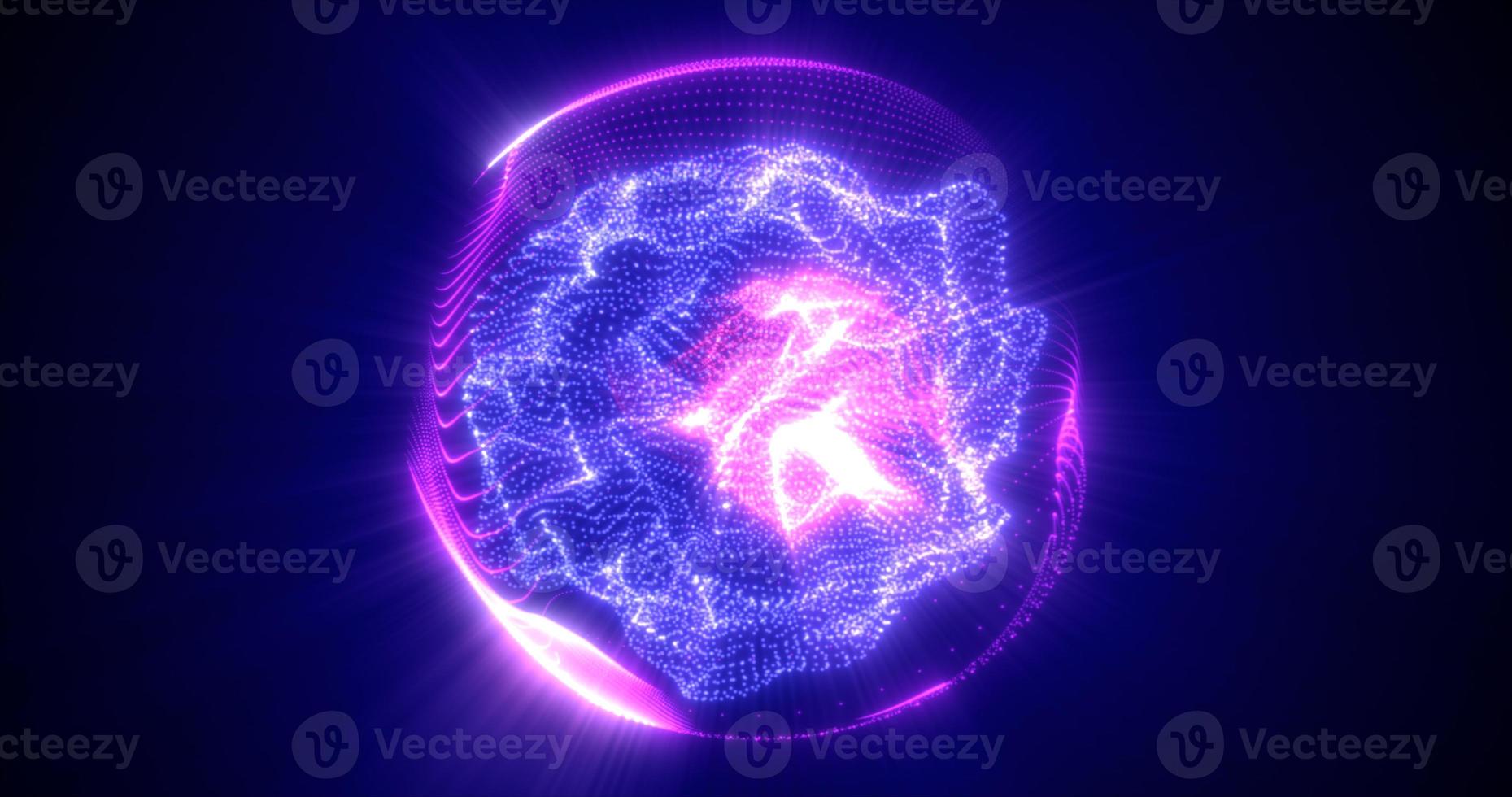 Abstract purple energy sphere from particles and waves of magical glowing on a dark background photo