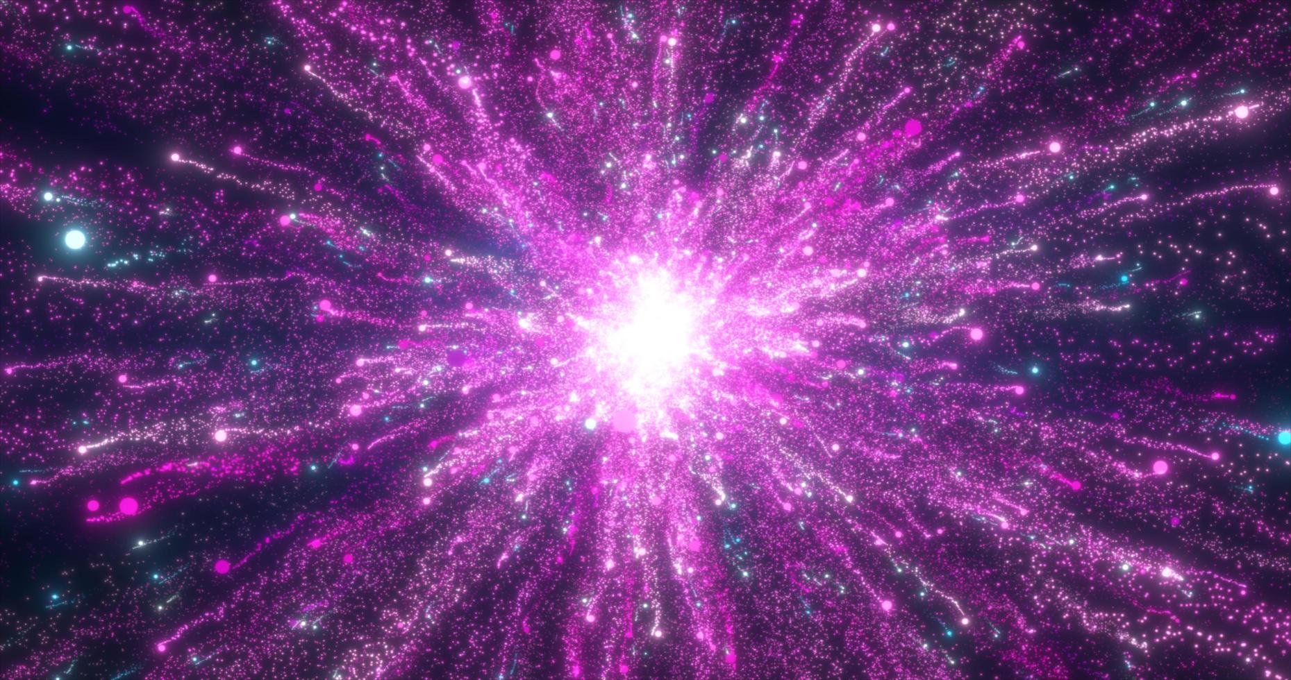 Abstract glowing energy explosion whirlwind firework from purple lines and magic particles abstract background photo