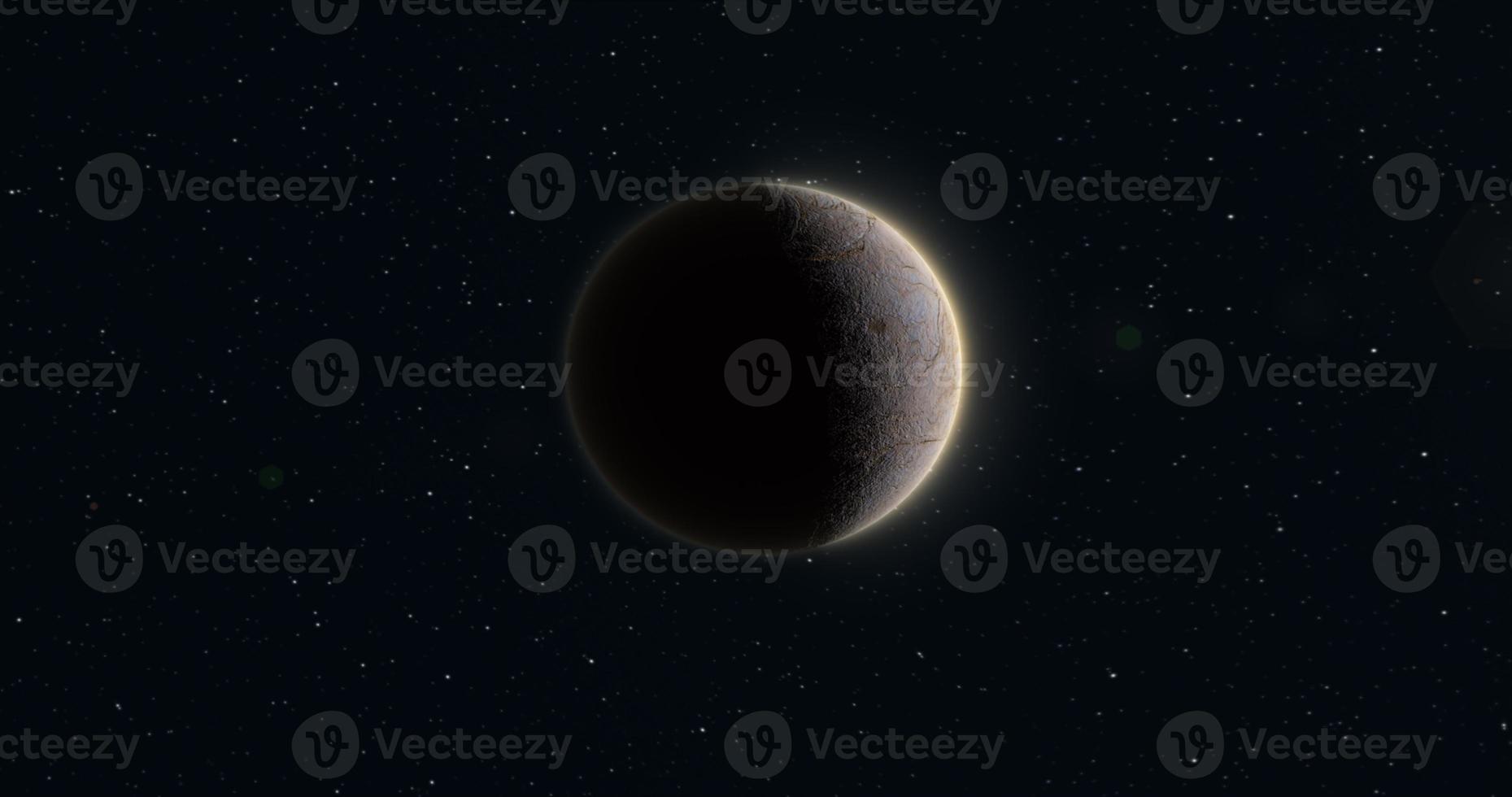Abstract realistic space planet round sphere with a stone relief surface in space against the background of stars photo