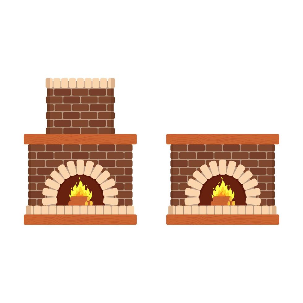 Cozy brick fireplace, wood fire, heating device. Vector illustration in flat cartoon style.