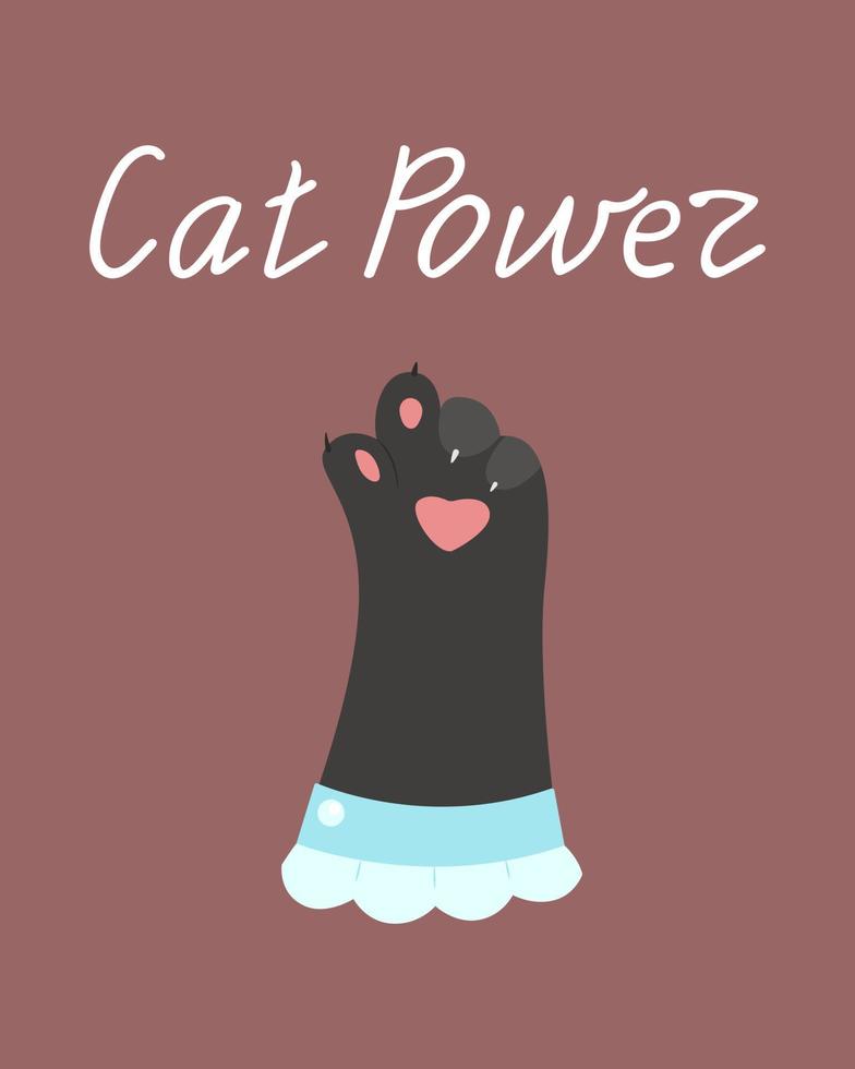 Vector postcard of cat paws, cat power inscription, heart finger gestures