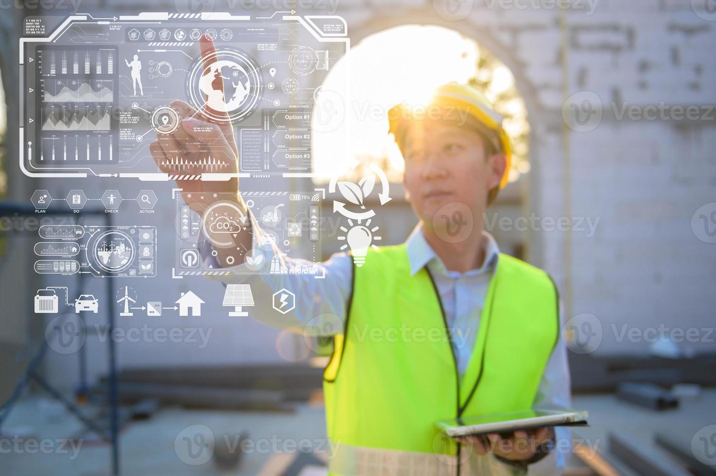 Close up engineering man hand is touching virtual reality Analytics engineering data in a field over construction background photo