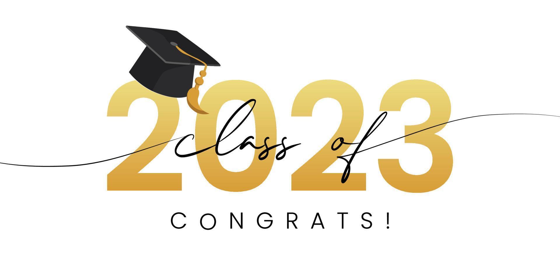 Class of 2023, word lettering script banner. Congrats Graduation lettering with academic cap. Template for design party high school or college, graduate invitations. vector