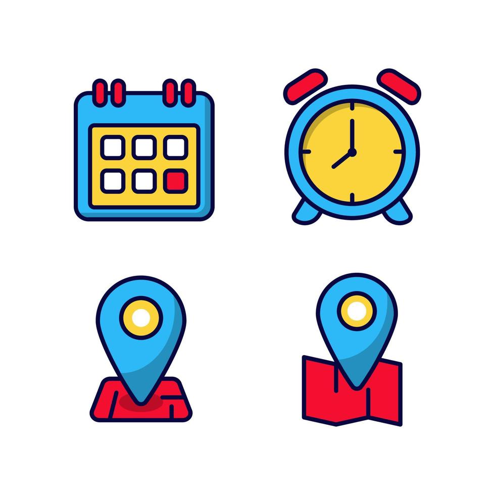 Set of time and location icon with linear color style isolated on white background vector