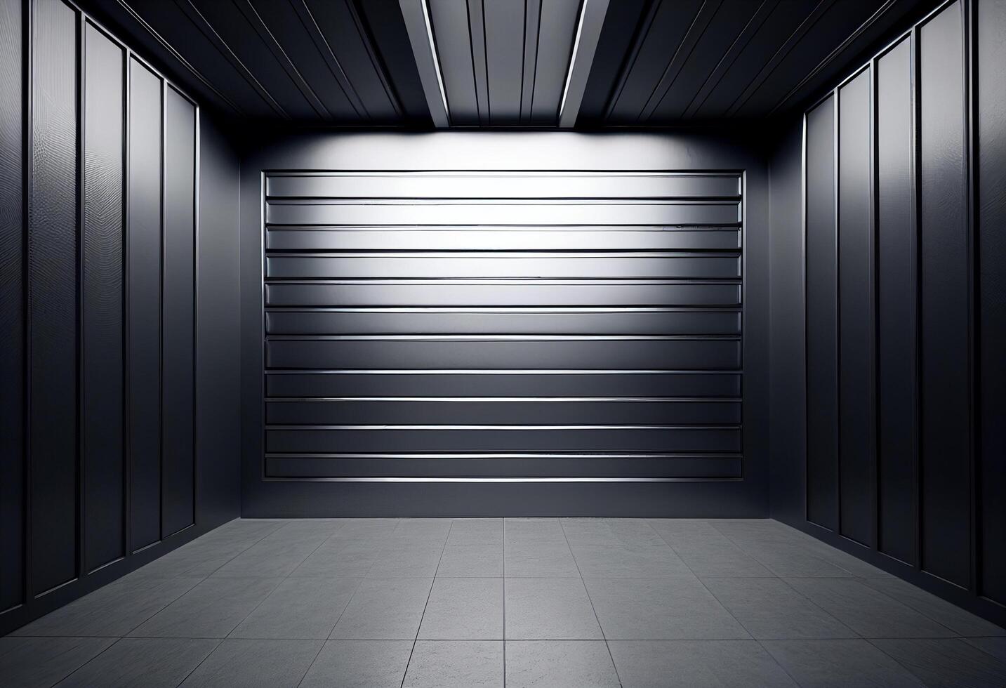 3d rendering of abstract interior. Dark empty room with metallic walls. photo