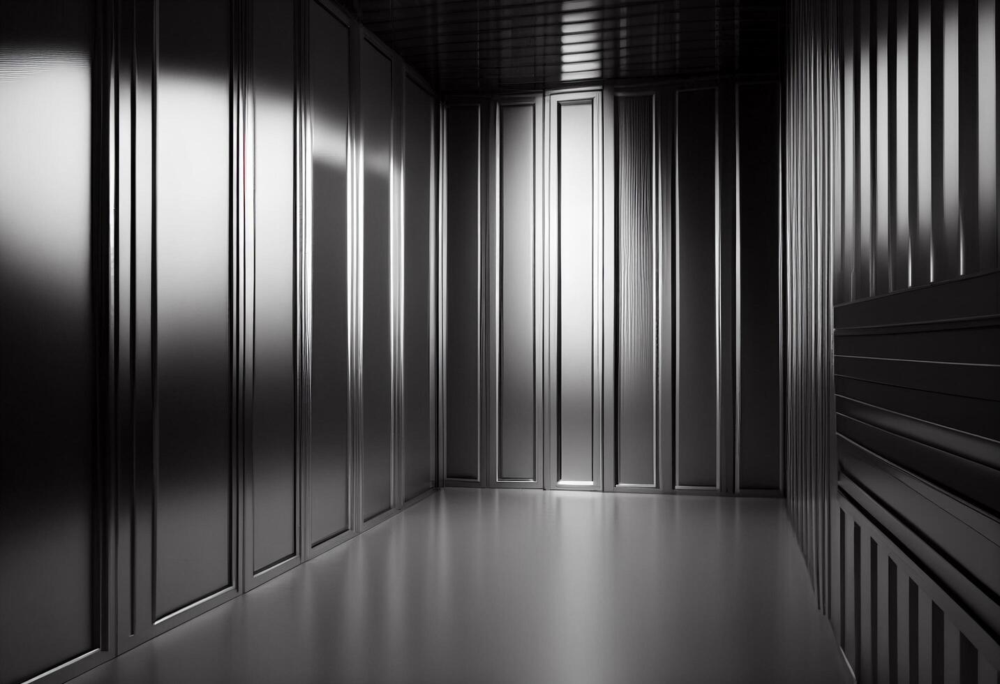 3d rendering of abstract interior. Dark empty room with metallic walls. photo