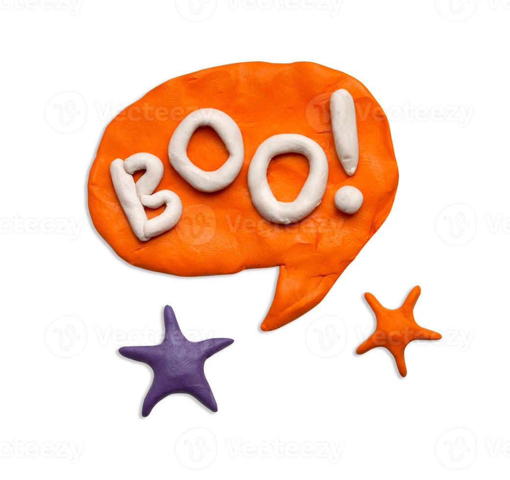 Festive Halloween letters handmade from plasticine. Halloween lettering Boo. Festive decorated letters on a white background. Plasticine 3d illustration photo