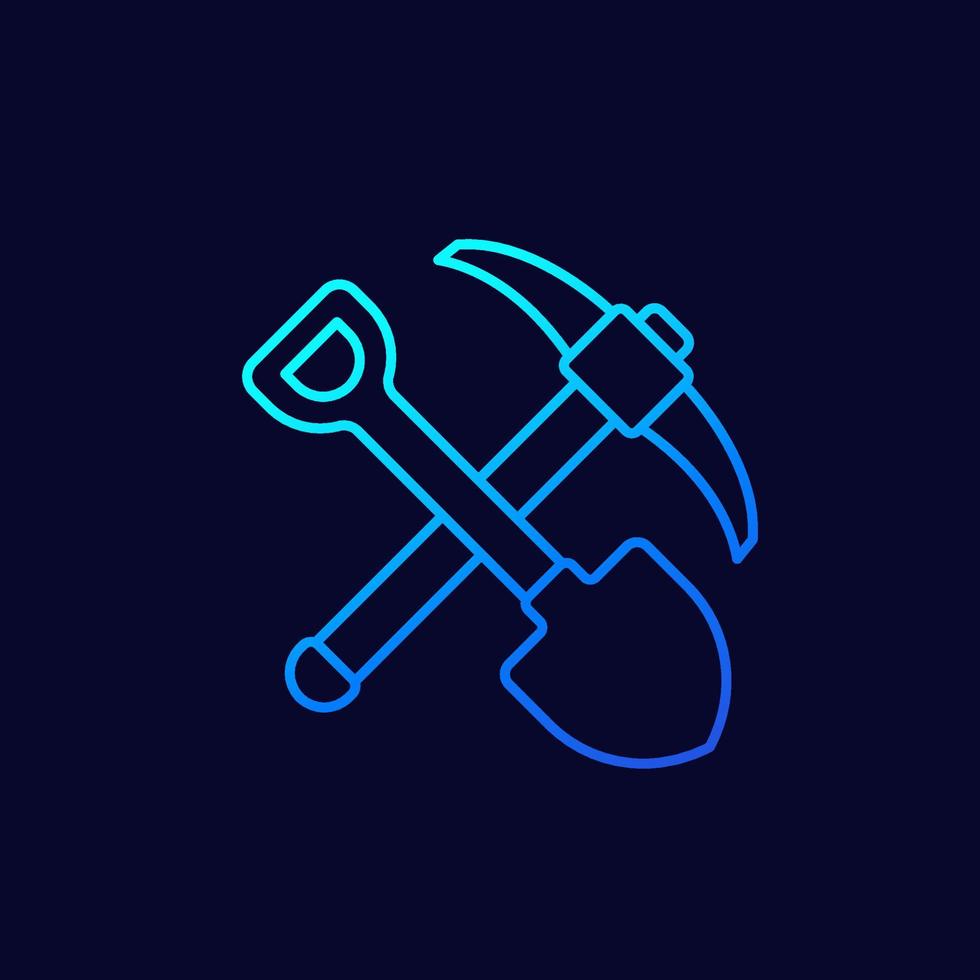 pick axe and shovel linear icon, vector