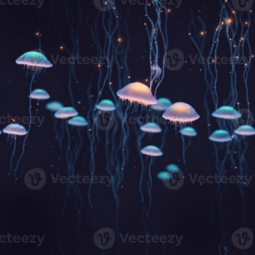 Jellyfish swimming in the ocean. 3D rendering. Underwater world. photo