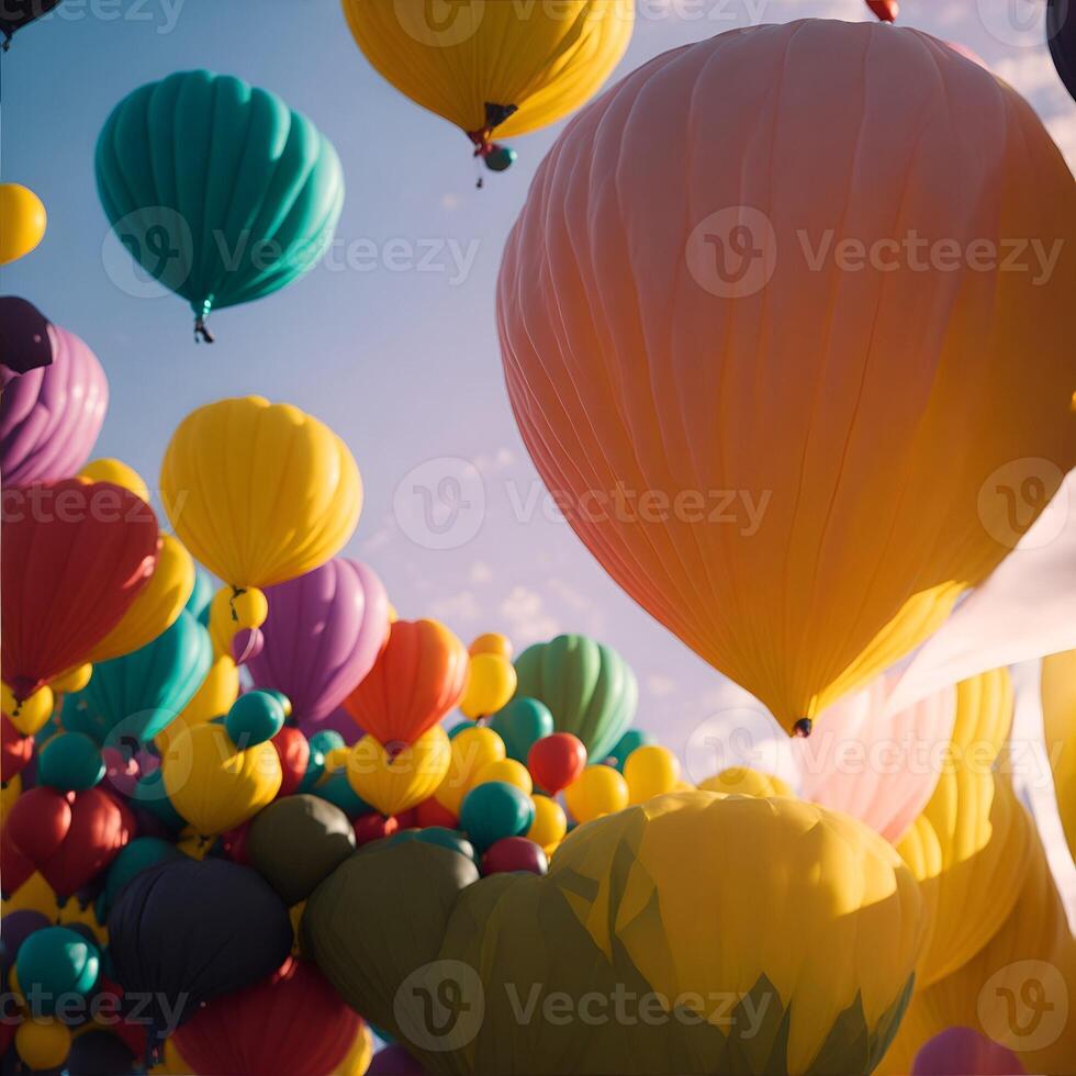 Colorful hot air balloons flying in the blue sky at the festival. . photo