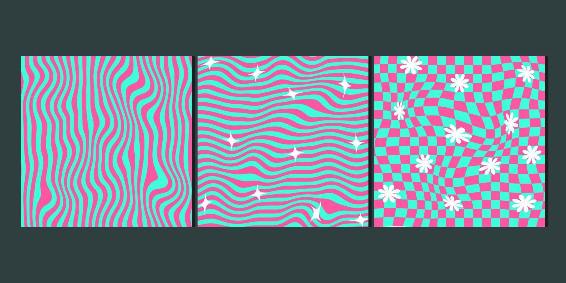 Set of wavy trippy patterns in psychedelic colors. Abstract vector swirl backgrounds. 1970 Aesthetic textures with smooth waves and grid