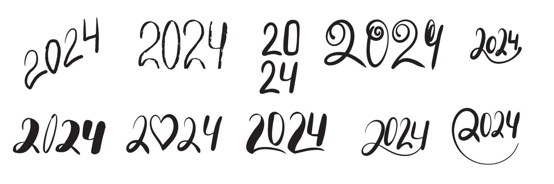 Collection of hand drawn 2024 number. Vector illustration