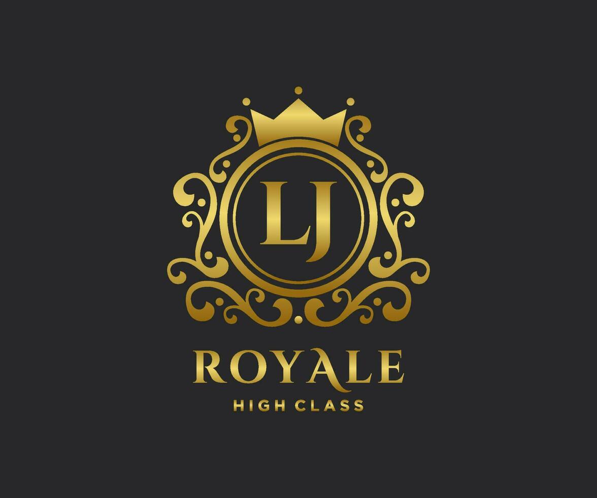 Golden Letter LJ template logo Luxury gold letter with crown. Monogram alphabet . Beautiful royal initials letter. vector