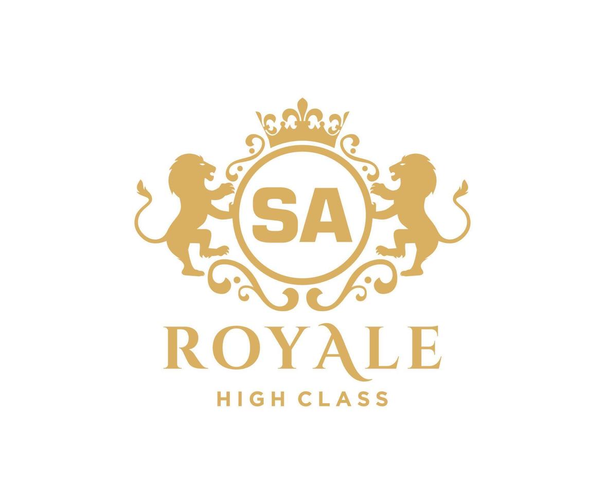 Golden Letter SA template logo Luxury gold letter with crown. Monogram alphabet . Beautiful royal initials letter. vector