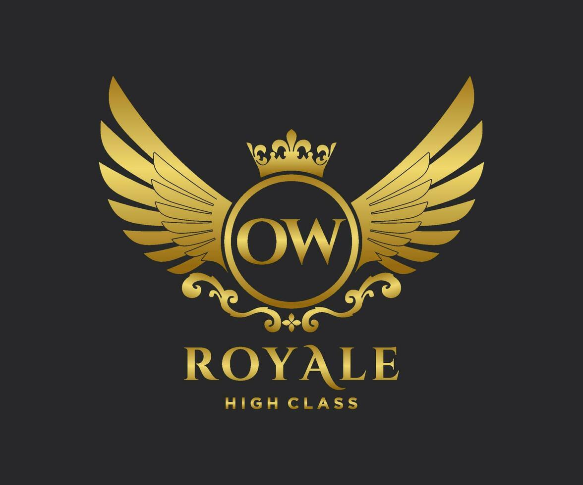 Golden Letter OW template logo Luxury gold letter with crown. Monogram alphabet . Beautiful royal initials letter. vector