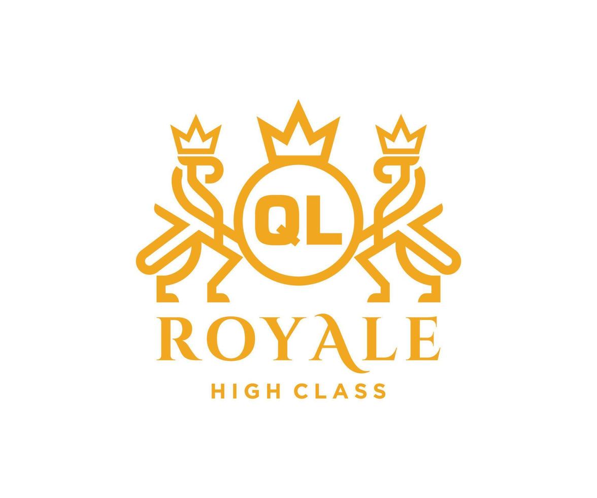 Golden Letter QL template logo Luxury gold letter with crown. Monogram alphabet . Beautiful royal initials letter. vector