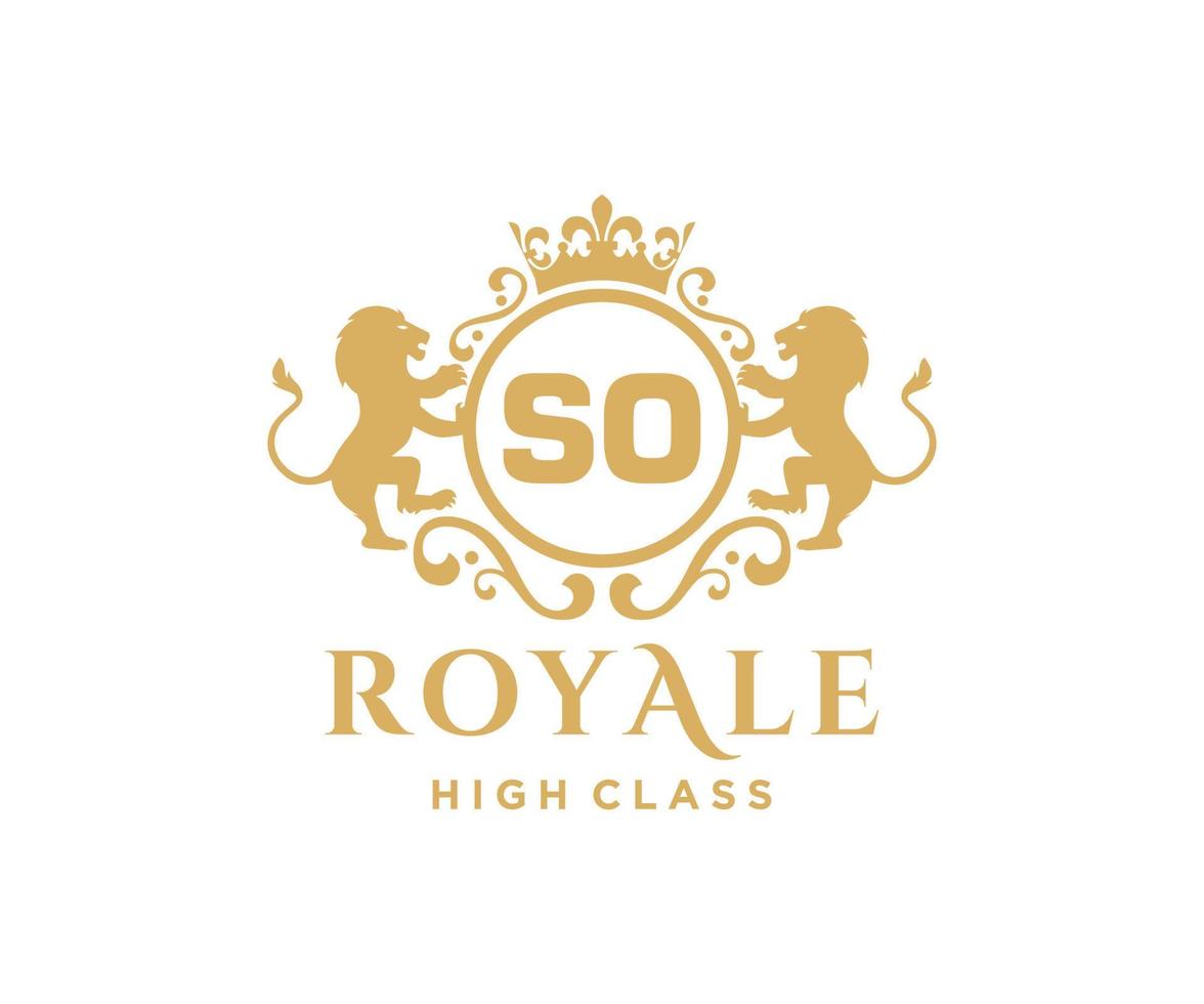 Golden Letter SO template logo Luxury gold letter with crown. Monogram alphabet . Beautiful royal initials letter. vector