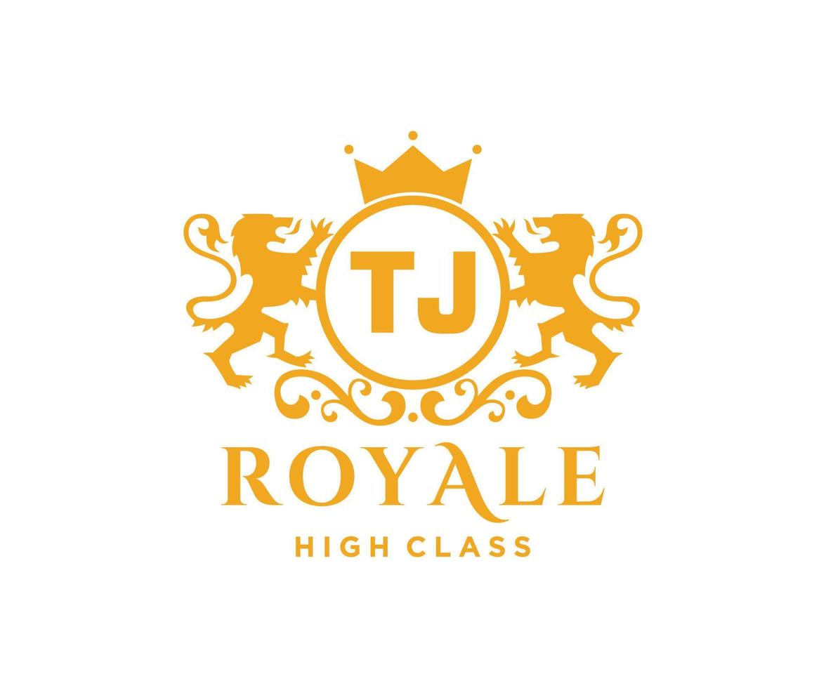Golden Letter TJ template logo Luxury gold letter with crown. Monogram alphabet . Beautiful royal initials letter. vector