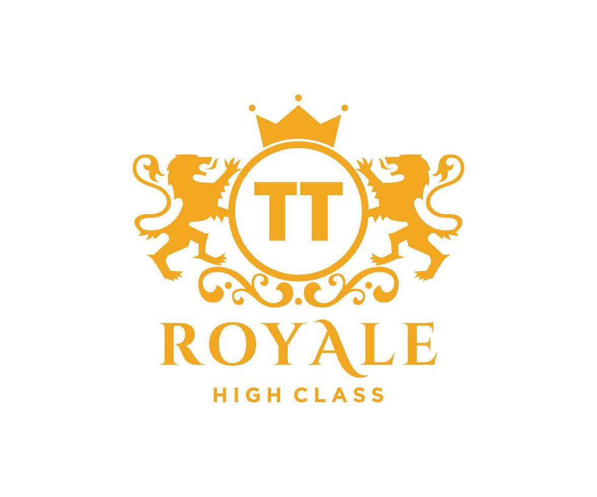 Golden Letter TT template logo Luxury gold letter with crown. Monogram alphabet . Beautiful royal initials letter. vector