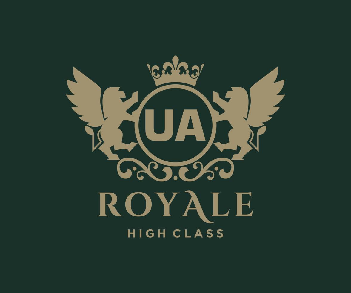 Golden Letter UA template logo Luxury gold letter with crown. Monogram alphabet . Beautiful royal initials letter. vector