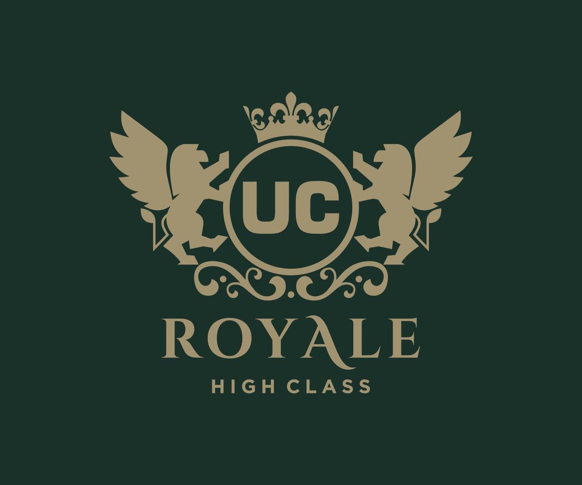 Golden Letter UC template logo Luxury gold letter with crown. Monogram alphabet . Beautiful royal initials letter. vector