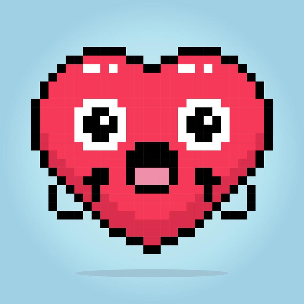 8-bit pixel heart character. Love icon is surprised in vector illustrations