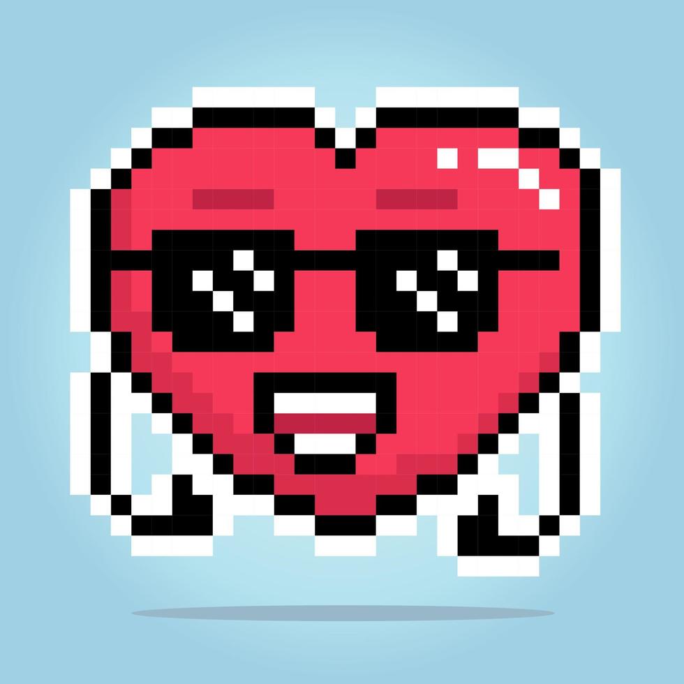 8-bit pixel heart character wearing glasses. Love icon with thumb hand in the vector illustration