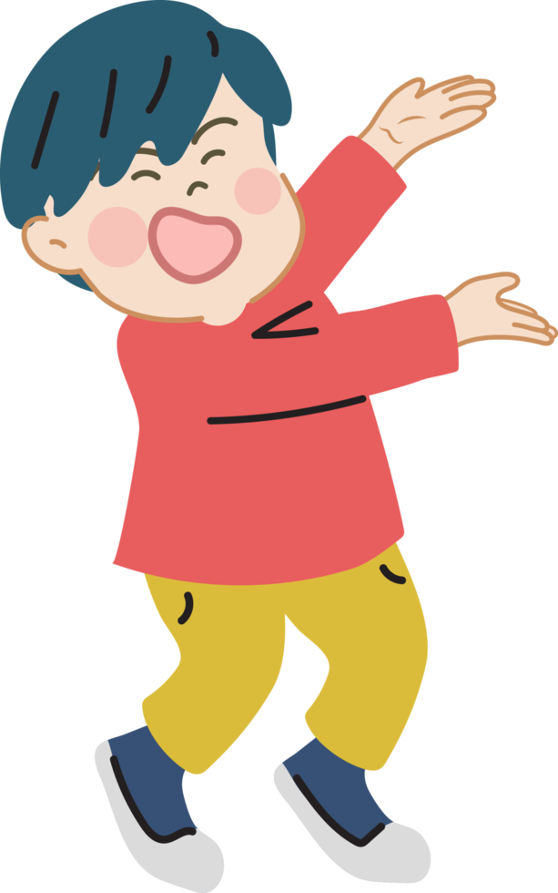 Happy cute kid pointing cartoon character doodle hand drawn design for decoration. png