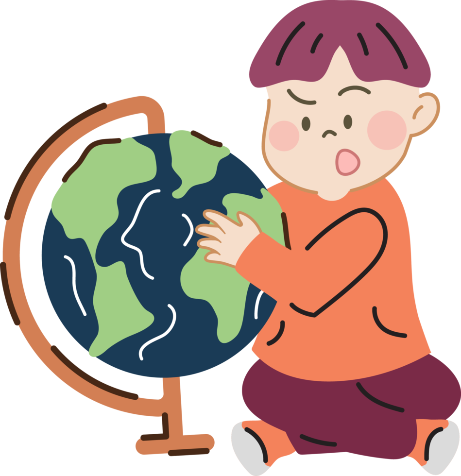 Happy and fun cute children with globe cartoon character doodle hand drawn design for decoration. png