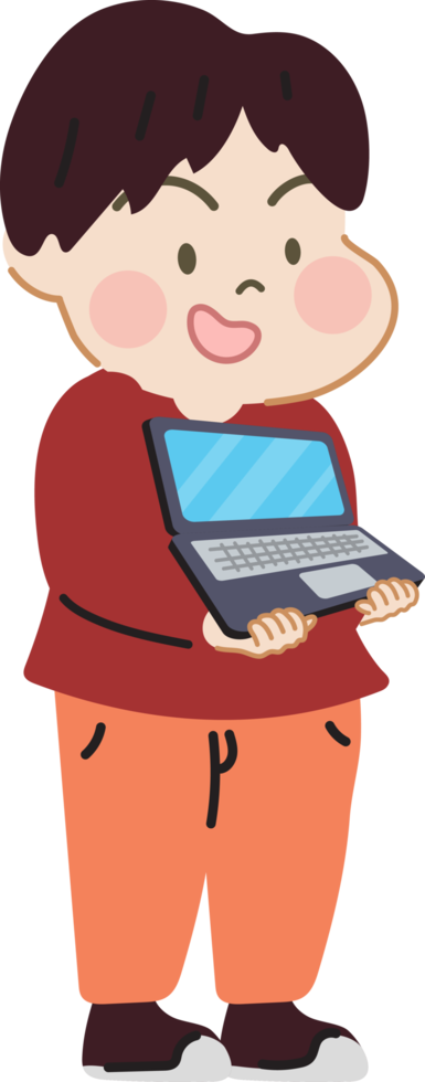 glücklich und Spaß süß Kinder mit Laptop Karikatur Charakter Gekritzel Hand gezeichnet Design zum Dekoration. png