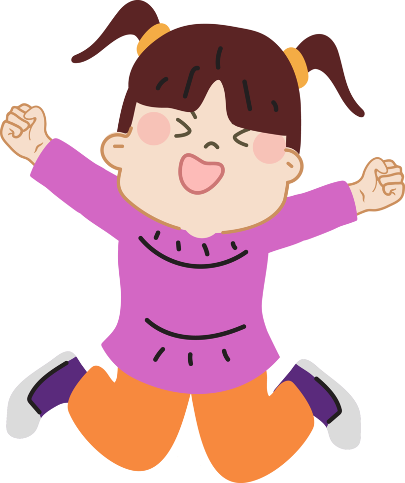 Happy and fun cute children jumping cartoon character doodle hand drawn design for decoration. png