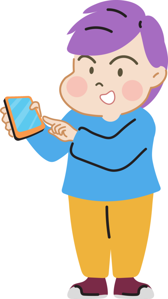 Happy and fun cute children using smartphone cartoon character doodle hand drawn design for decoration. png