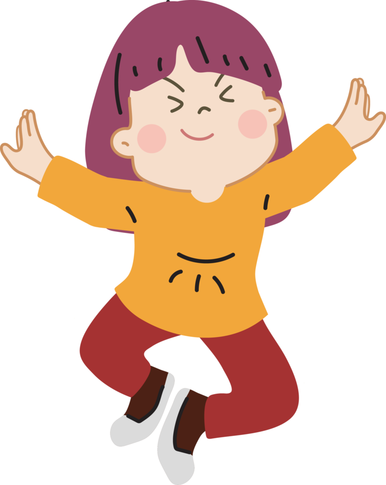 Happy and fun cute children jumping cartoon character doodle hand drawn design for decoration. png