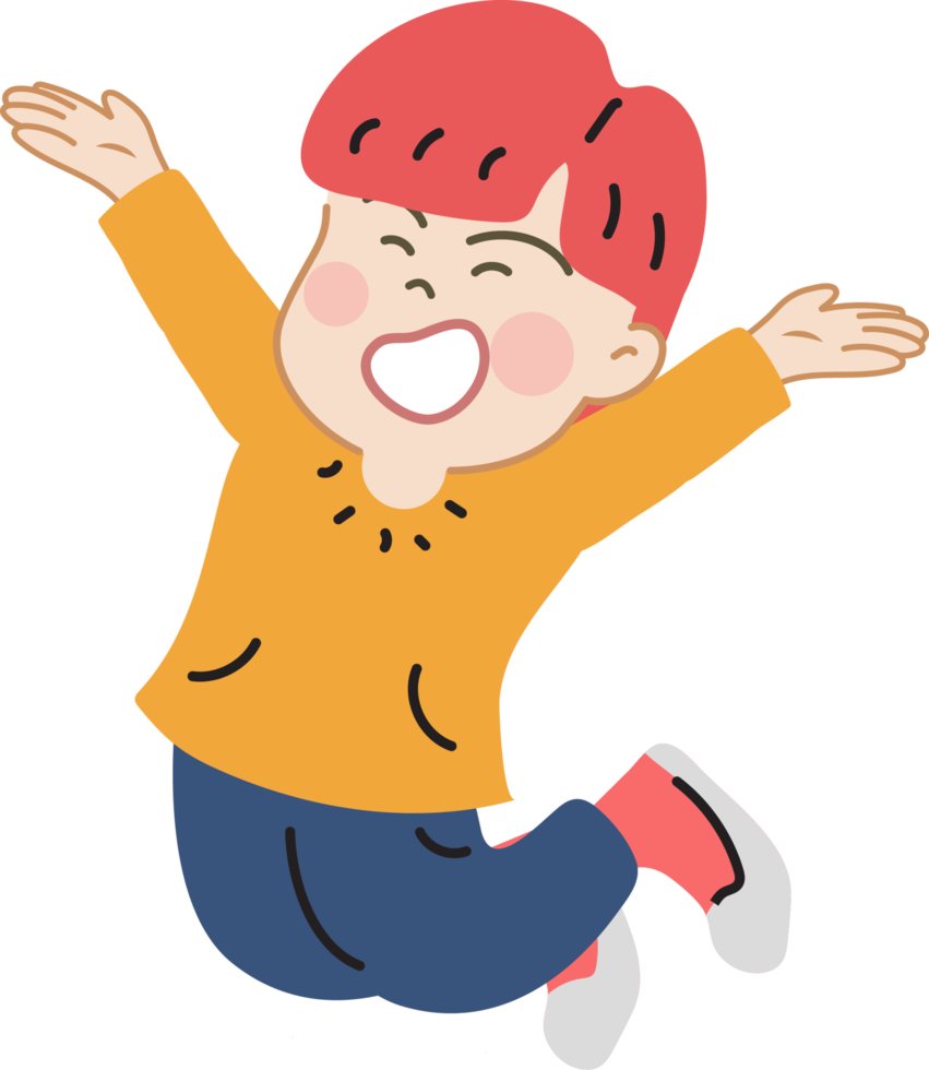 Happy cute kid jump cartoon character doodle hand drawn design for decoration. png