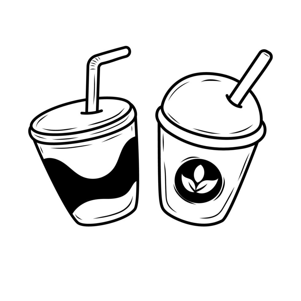 Two disposable drinks cup with straws illustration in doodle style isolated on white background vector